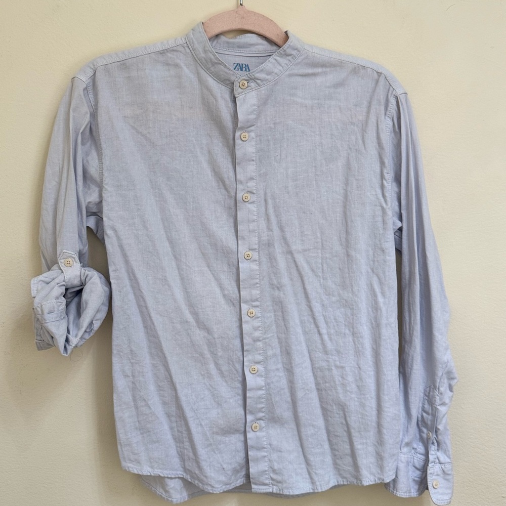 Zara Soft Blue Mandarin Collar Shirt